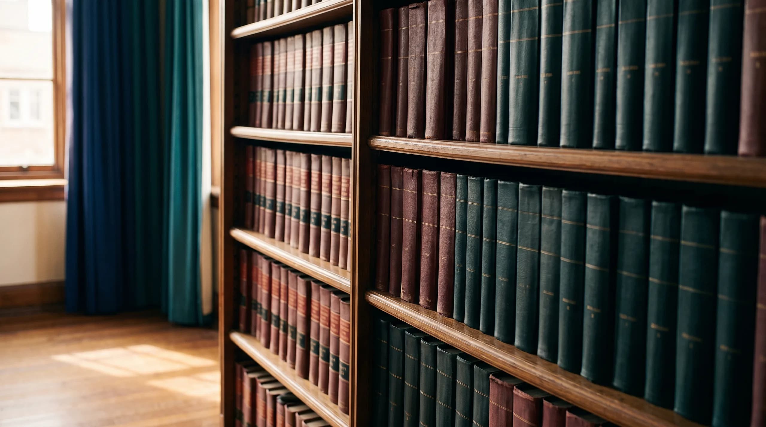 Estantes de libros encuadernados en piel verde y granate, vistos de lado.