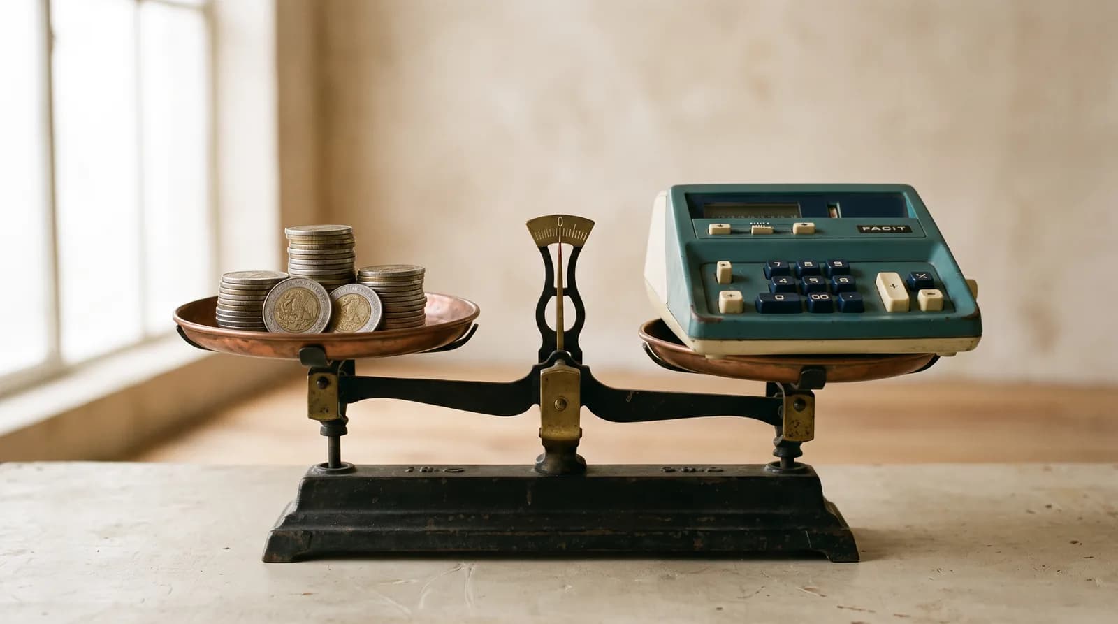 Una balanza de dos platos con monedas en un lado y una calculadora antigua en el otro.