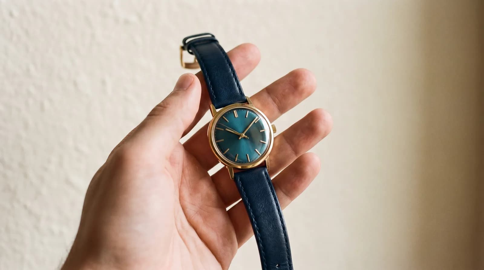 Una mano sostiene un reloj de pulsera con carátula verde.