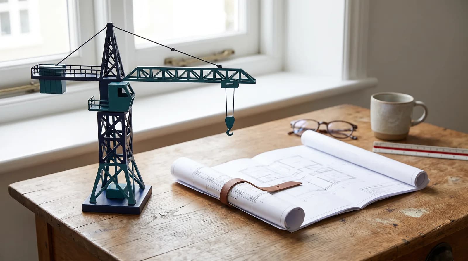 Maqueta de una grúa de obra junto a planos enrollados sobre un escritorio.