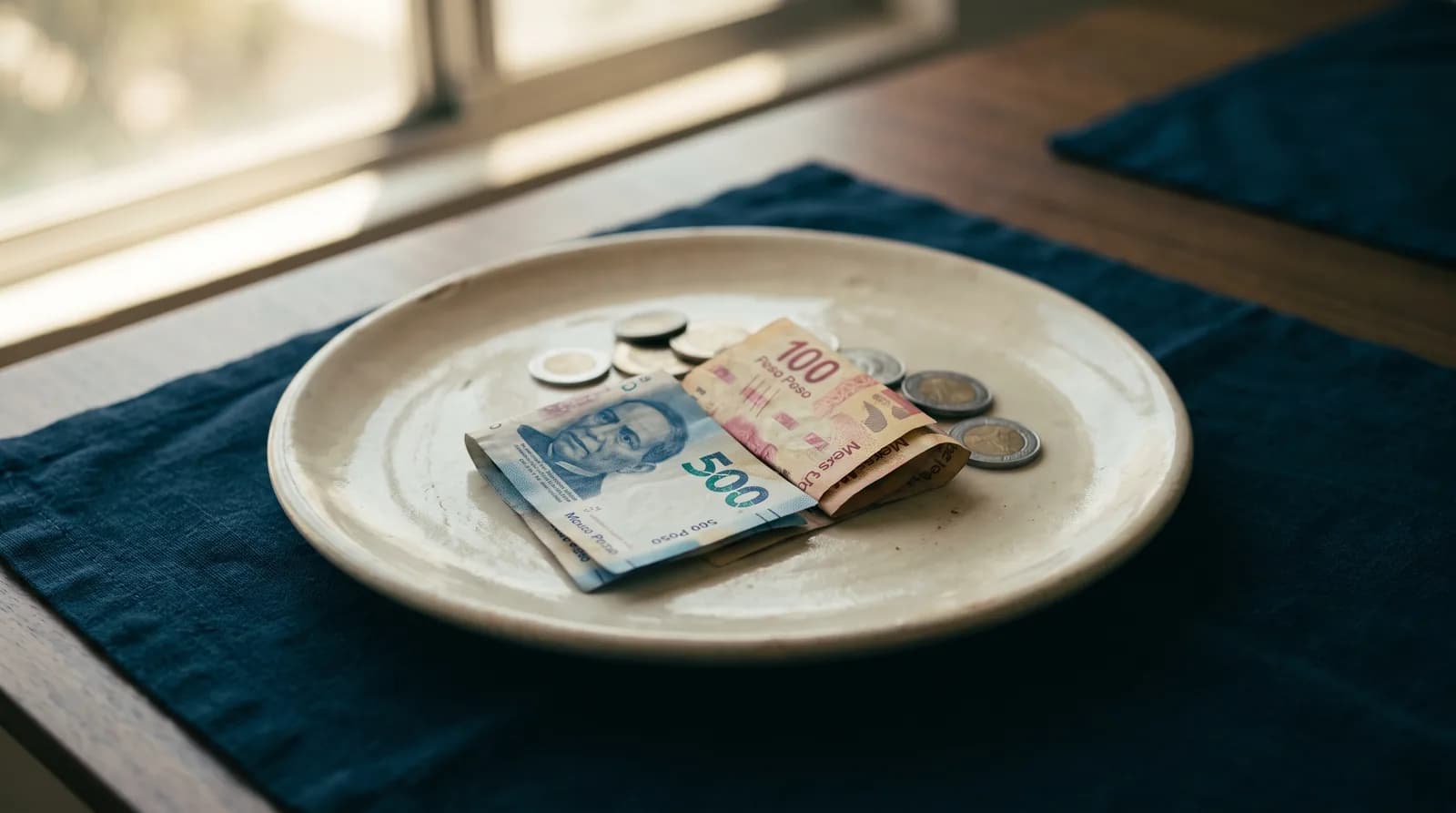 Billetes de cien y quinientos pesos y varias monedas sobre un plato de cerámica.