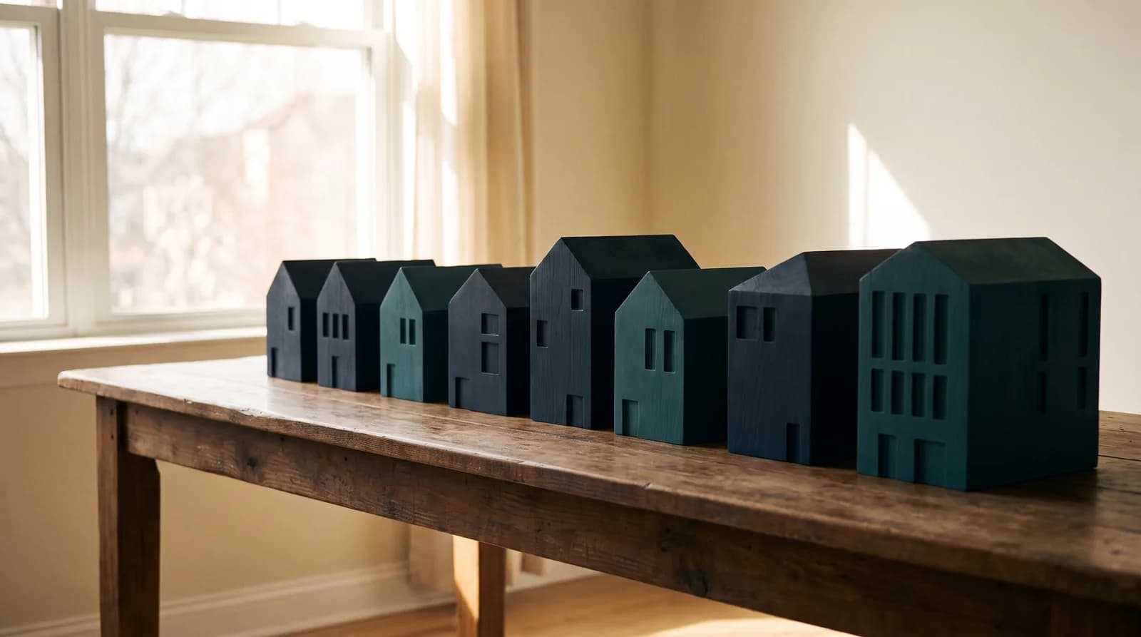 Maquetas de casas alineadas sobre una mesa larga junto a una ventana.