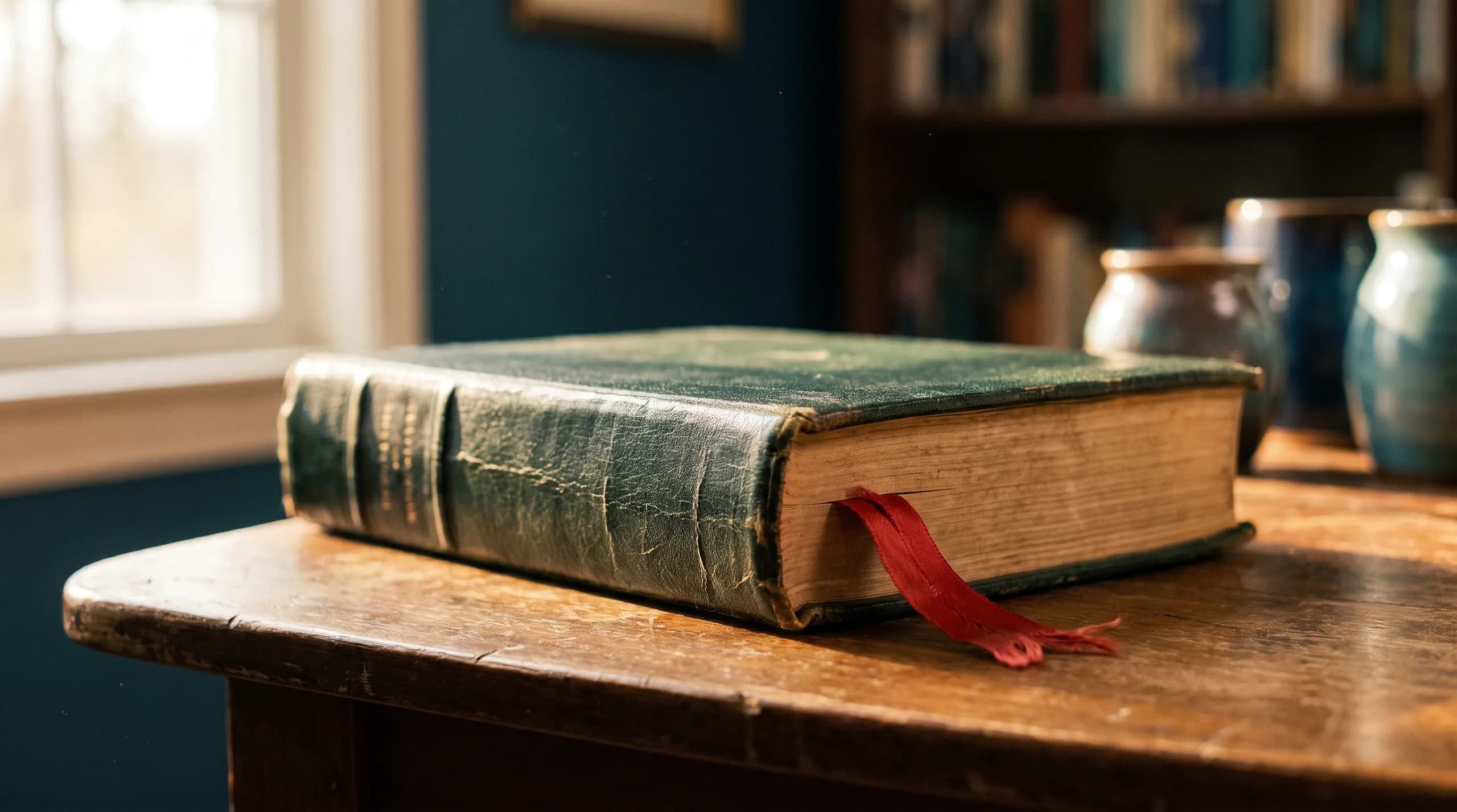 Un protocolo encuadernado en piel, con listón, sobre un escritorio de madera.