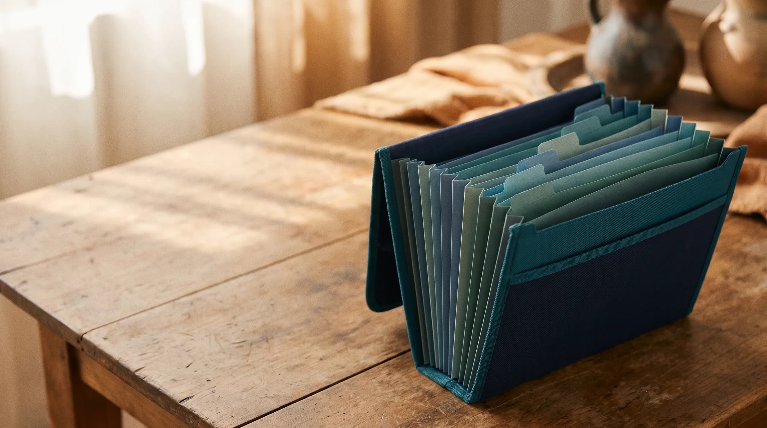 Un archivador de fuelle abierto, con separadores de colores, sobre una mesa de madera.