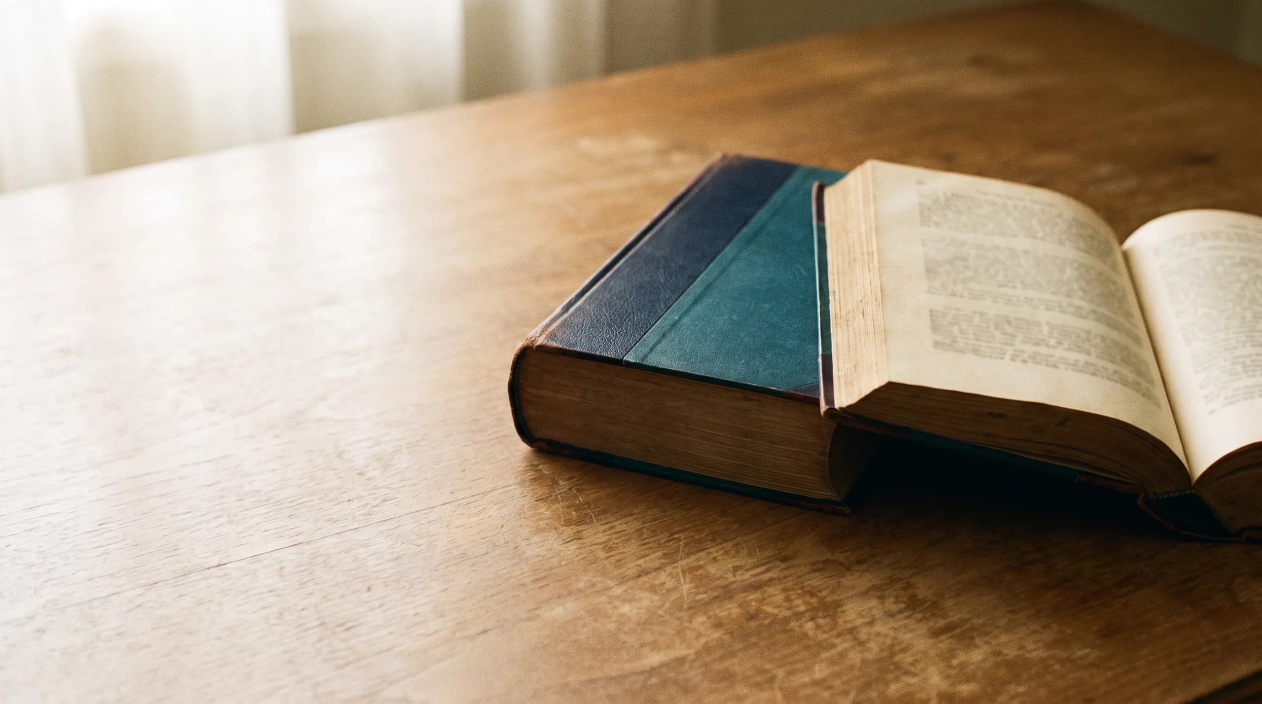 Un libro antiguo abierto sobre una mesa de madera, junto a la luz de una ventana.