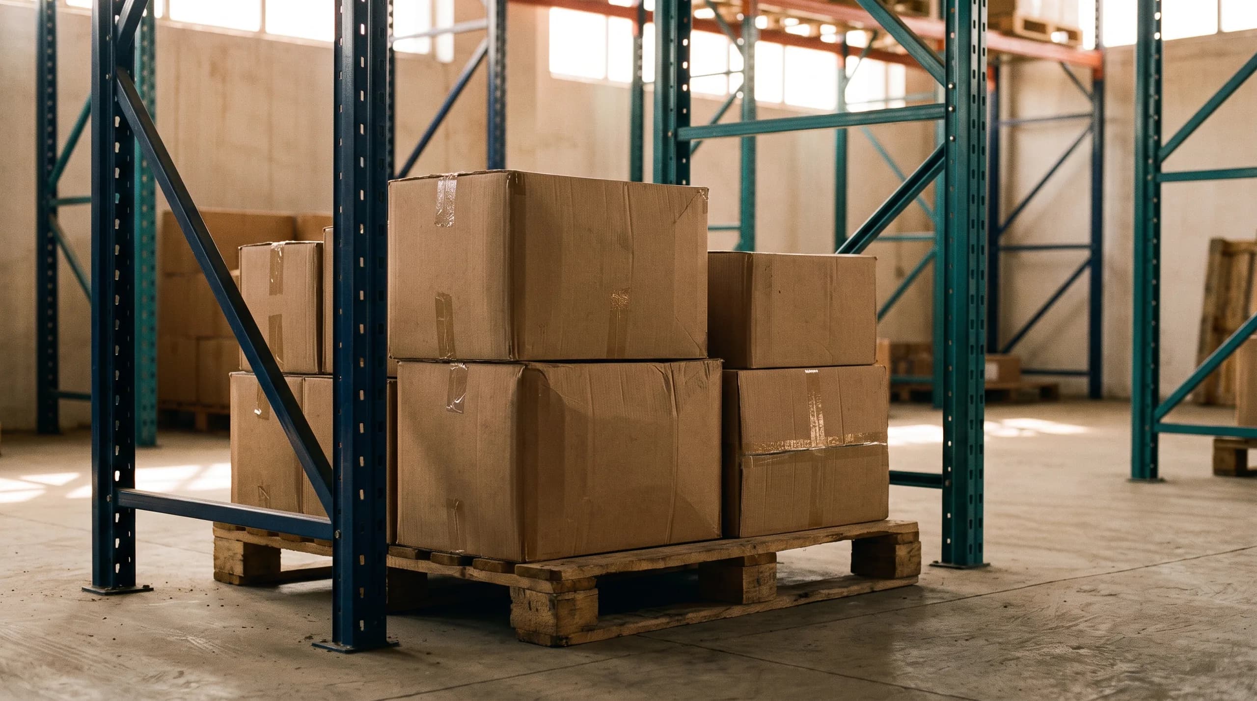 Cajas de cartón selladas sobre una tarima, en un almacén con estantería metálica.