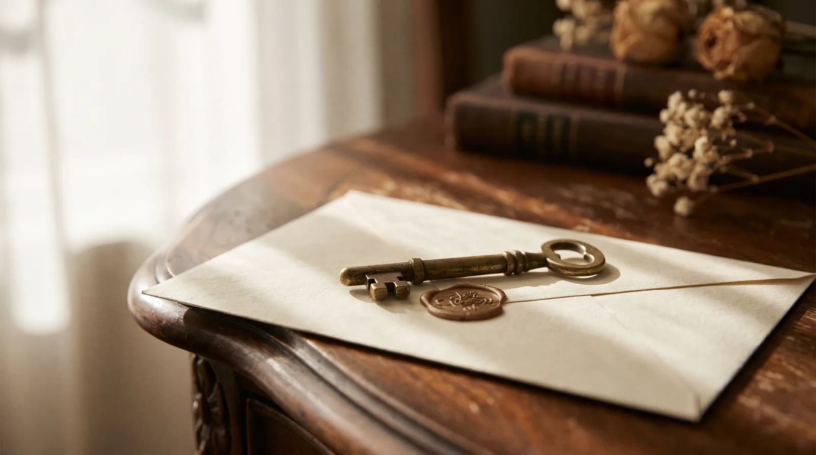 Llave antigua sobre un sobre cerrado, encima de una cómoda.