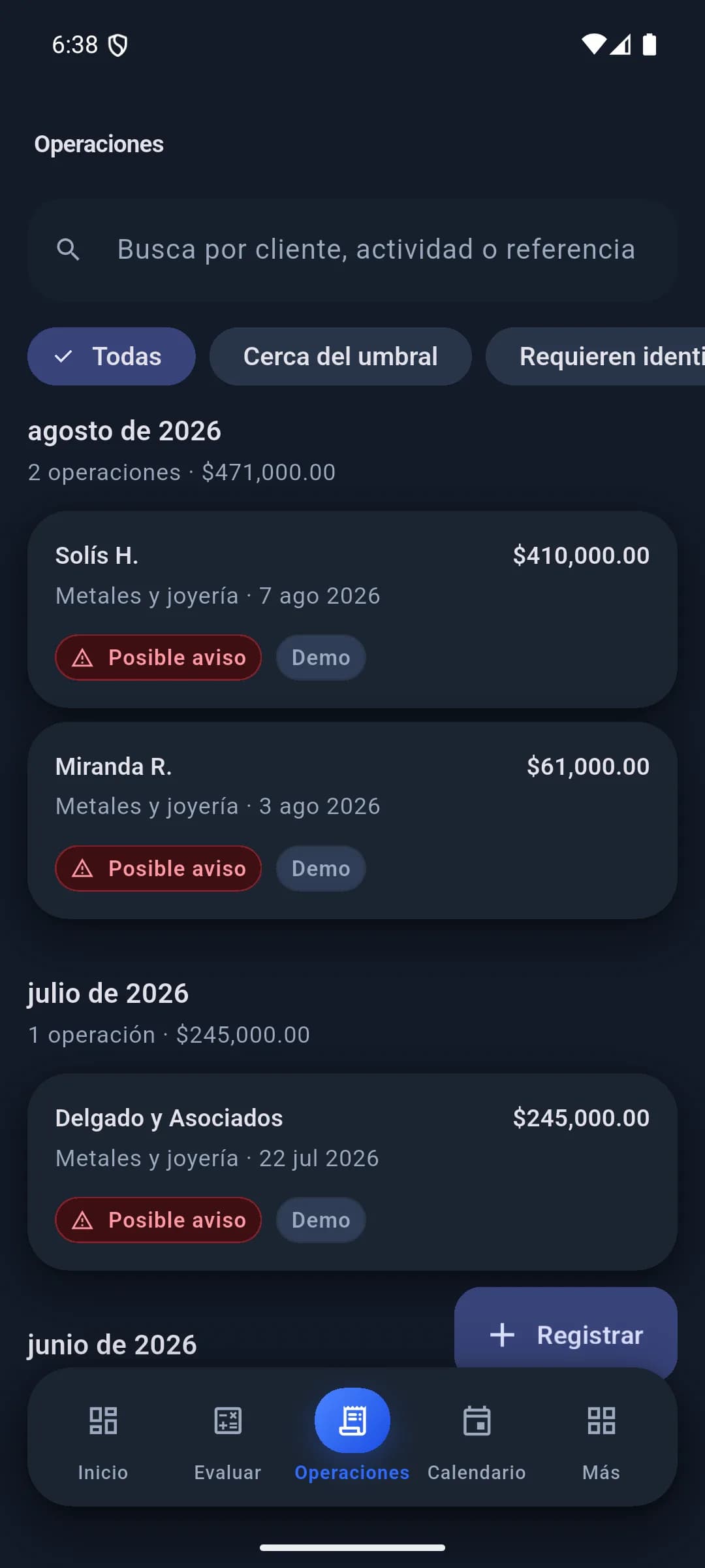 Listado de operaciones agrupadas por mes, cada una con su importe, actividad, fecha y una etiqueta de «posible aviso». Los registros del ejemplo están marcados como demostración.