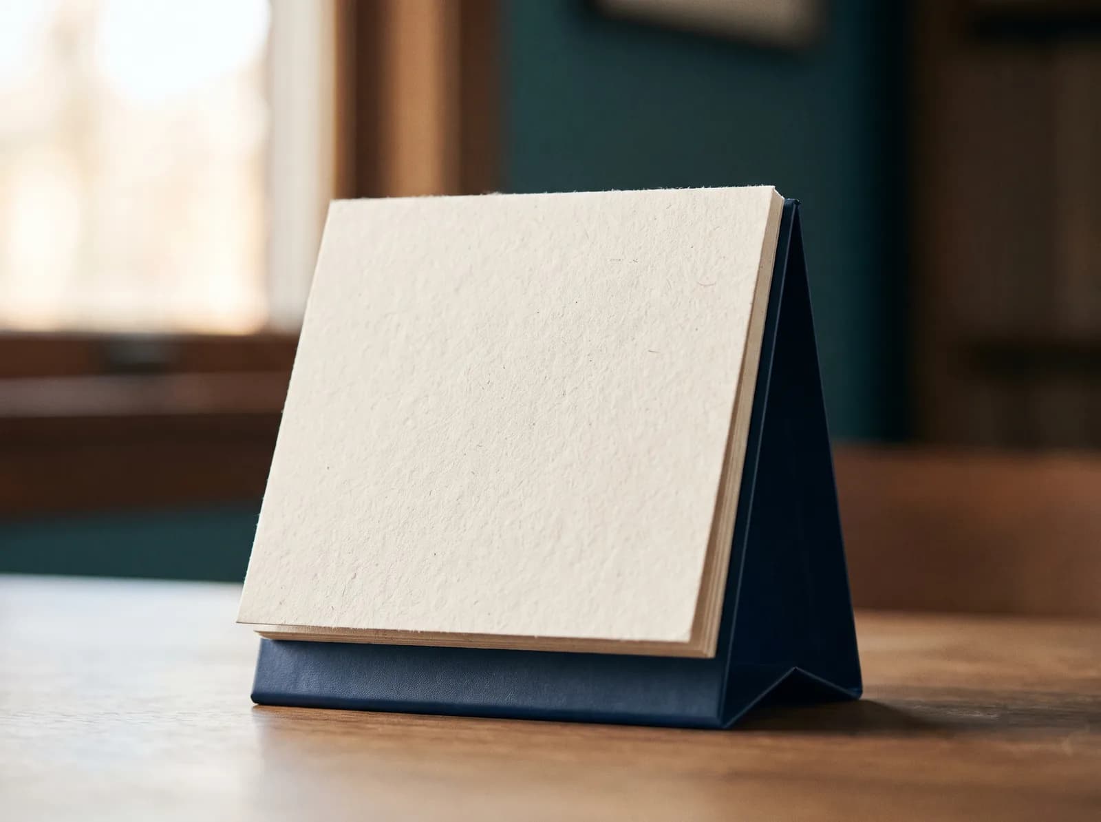 Un calendario de sobremesa en blanco sobre un escritorio de madera.