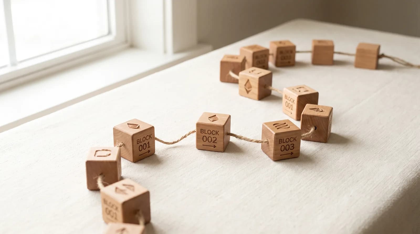 Cubos de madera numerados y encadenados sobre una repisa.