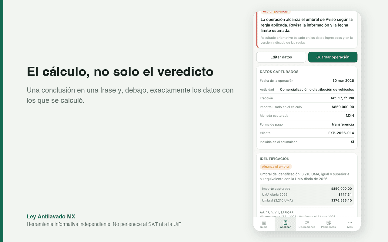 Panel lateral de la extensión mostrando el resultado de una operación: la conclusión arriba y debajo los datos capturados con los que se calculó.