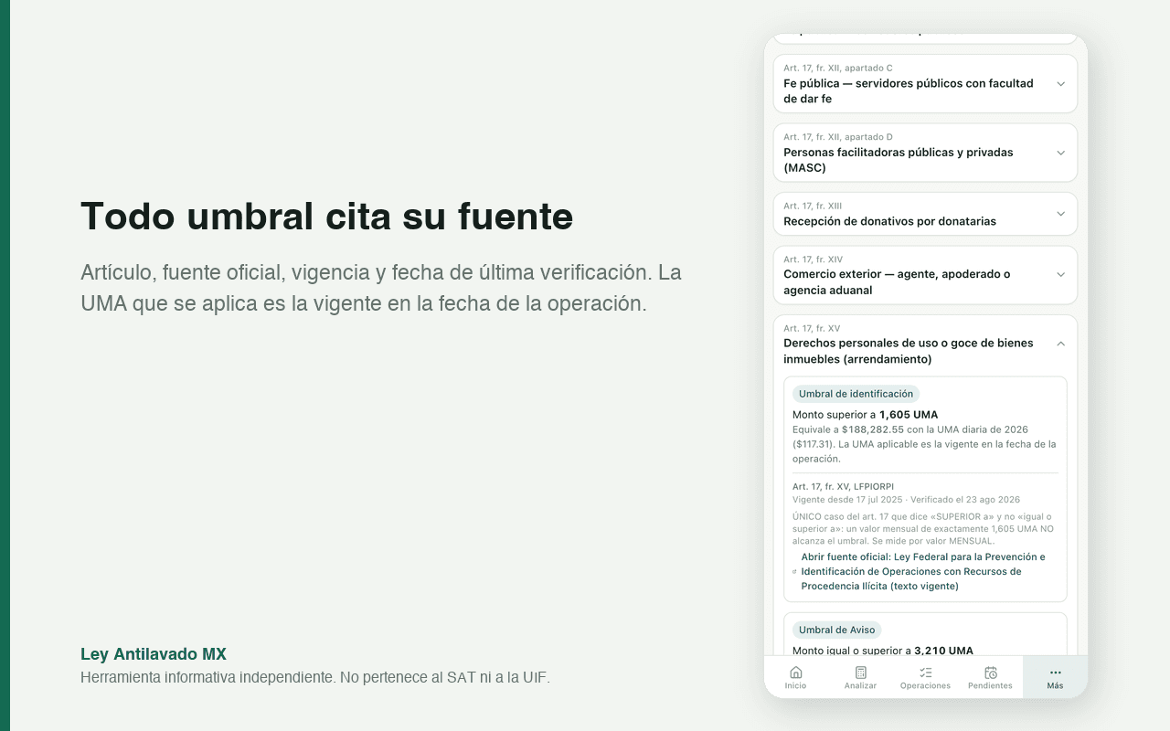 Cada umbral muestra su artículo, la fuente oficial, desde cuándo está vigente y la fecha de la última verificación.